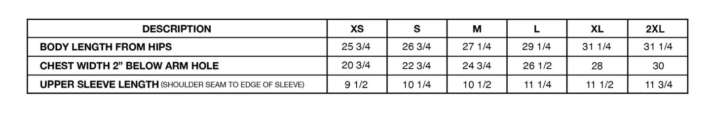 Measurement chart for clothing sizes with body length, chest width, and upper sleeve length details.