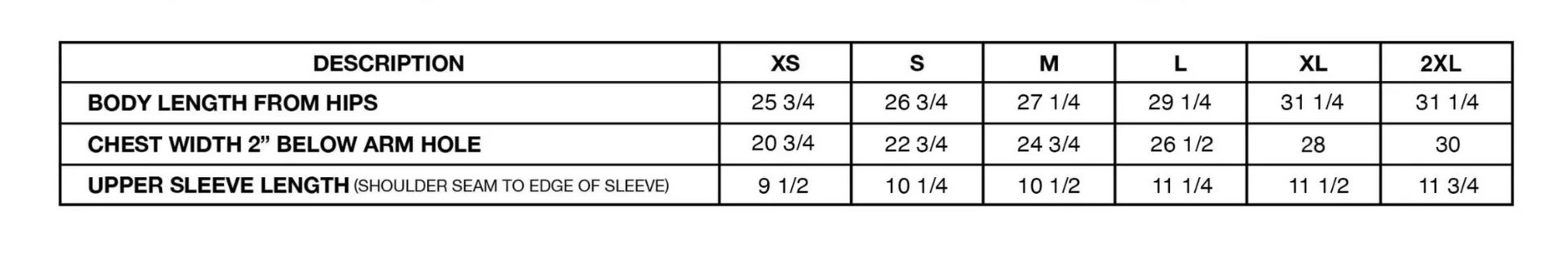 Measurement chart for clothing sizes with body length, chest width, and upper sleeve length details.